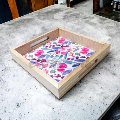 Wooden Serving Tray (Square Woody Color Floral)
