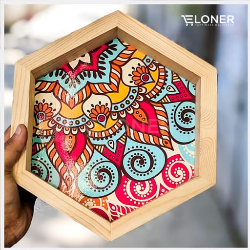Wooden Hexagon Tray | 10 Inches | Mandala