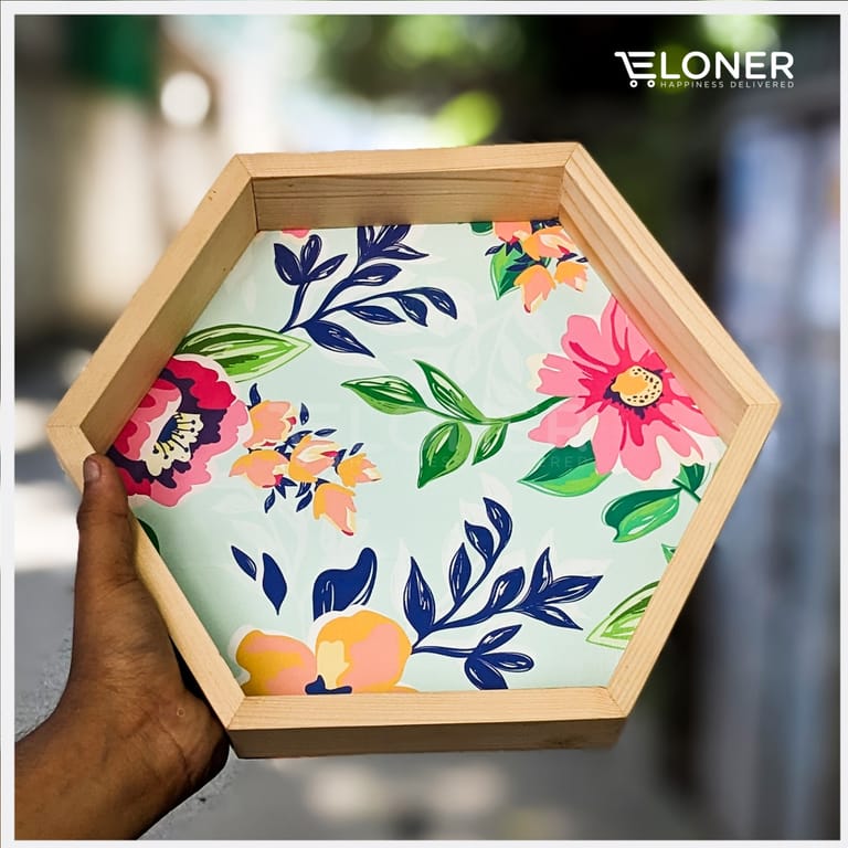 Wooden Hexagon Tray | 12 Inches | Natural Floral
