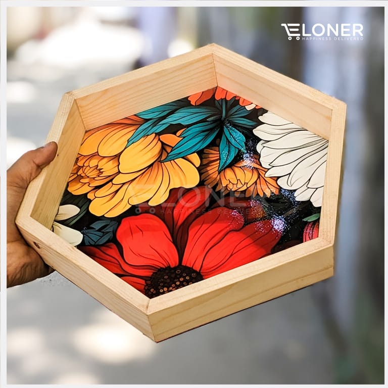 Wooden Hexagon Tray | 12 Inches | Red Floral