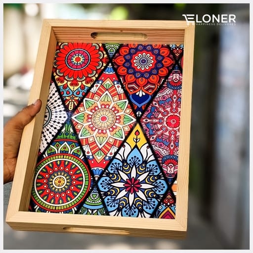 Wooden Rectangular Tray | 10x14 Inches | Mandala