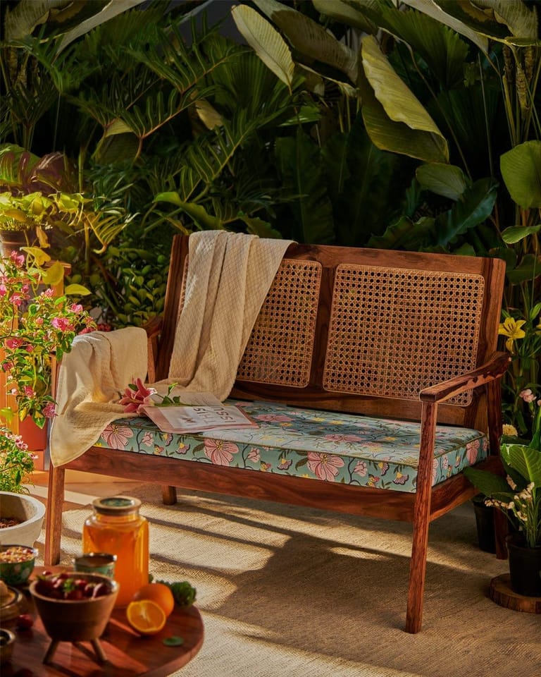 French Rattan Loveseat, Spring Bloom - Image 1