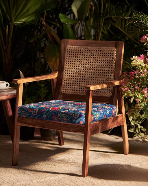 French Rattan Arm Chair Paisleys Blue