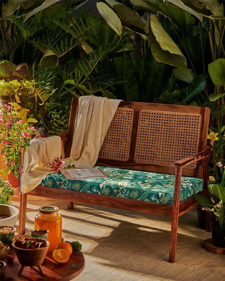 French Rattan Love Seat Ikkat Green - Image 1