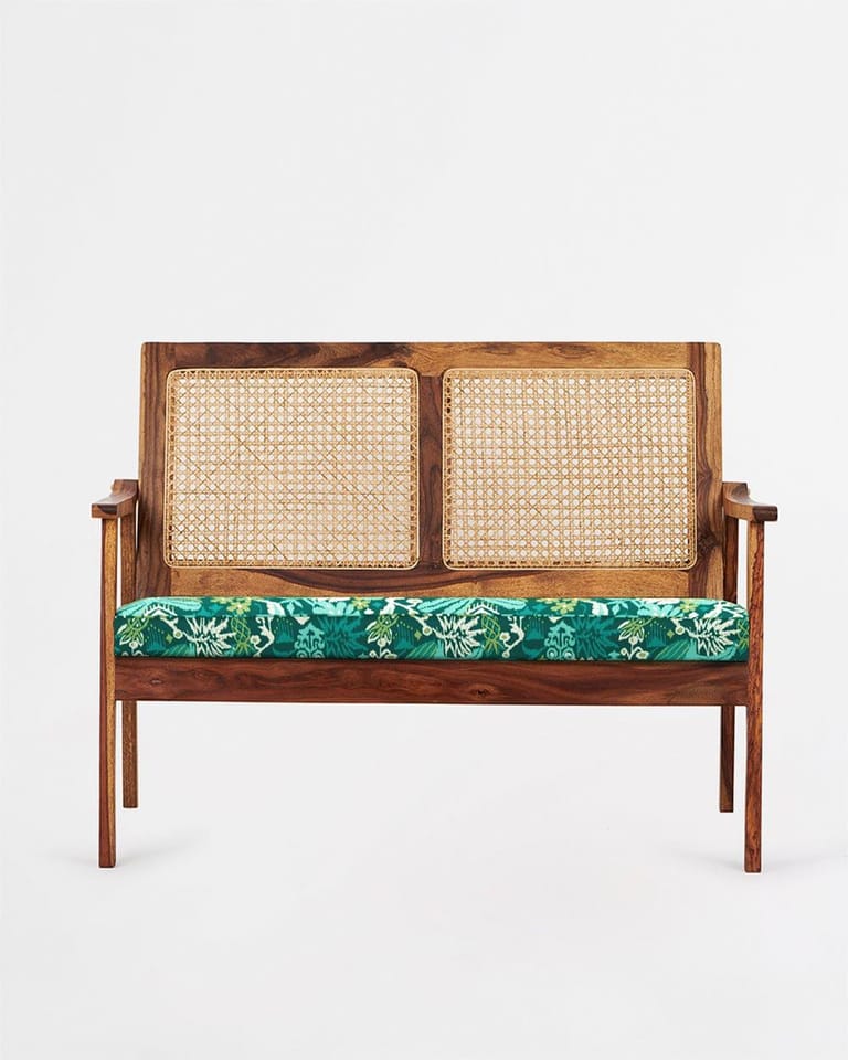 French Rattan Love Seat Ikkat Green - Image 2