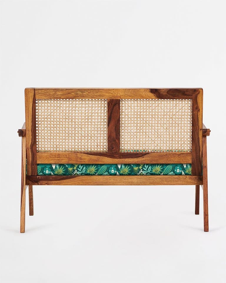 French Rattan Love Seat Ikkat Green - Image 4