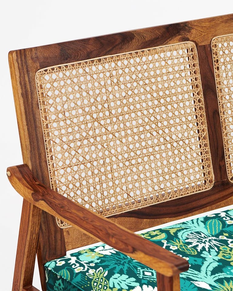 French Rattan Love Seat Ikkat Green - Image 5