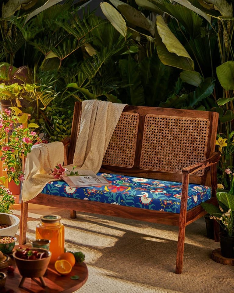 French Rattan Love Seat Blue Paisleys - Image 1