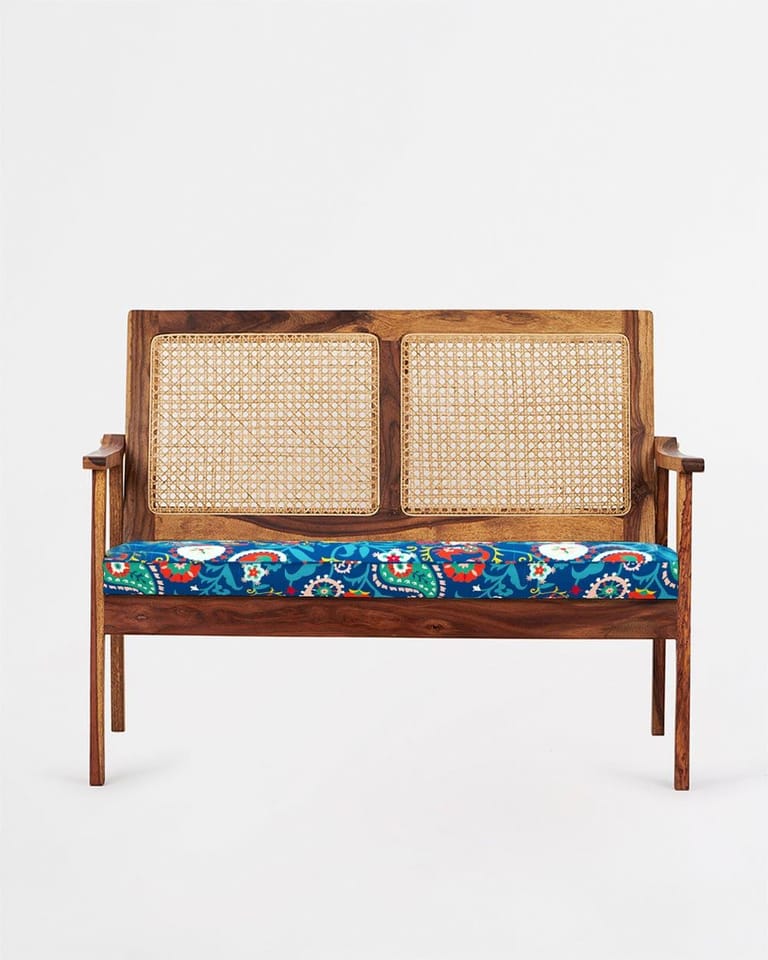 French Rattan Love Seat Blue Paisleys - Image 2