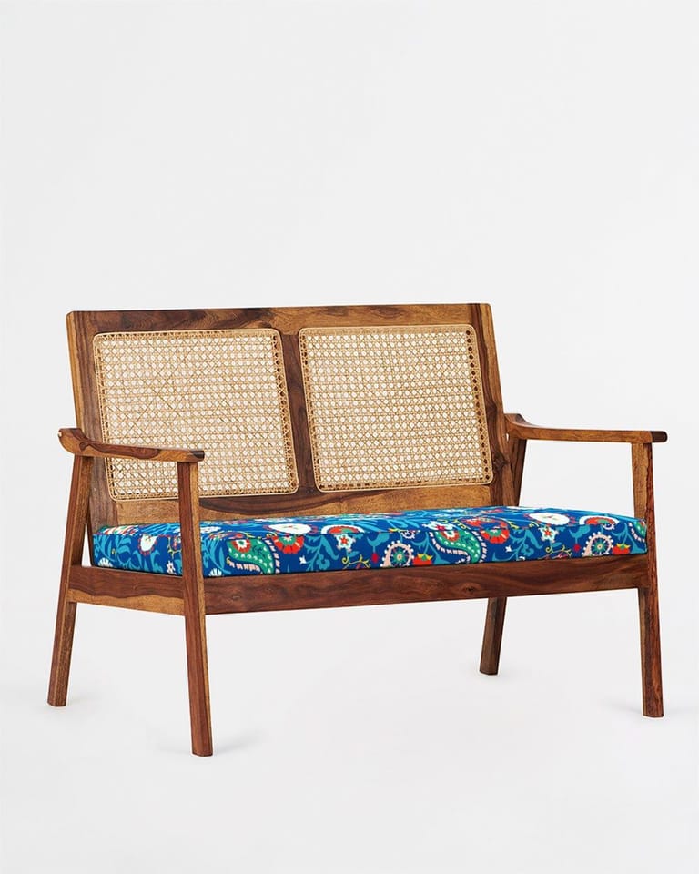 French Rattan Love Seat Blue Paisleys - Image 4