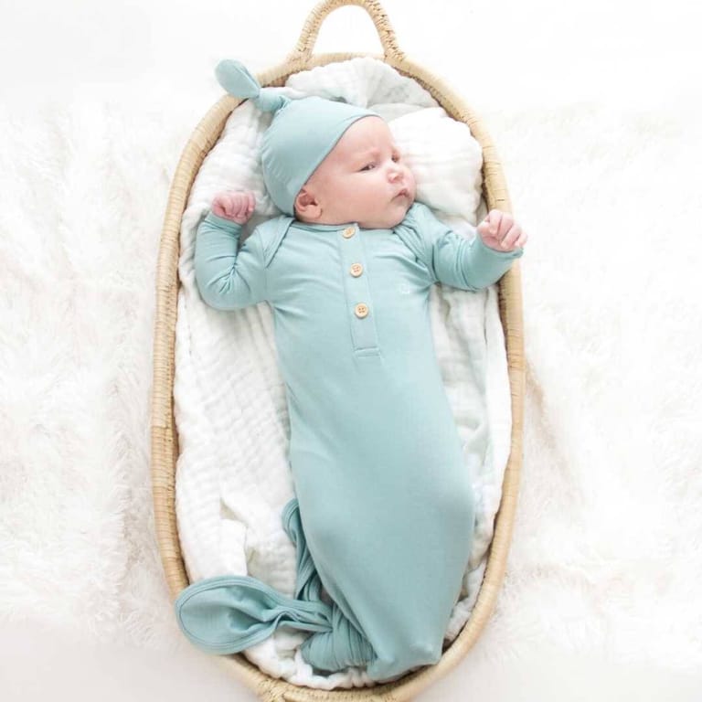 Organic Bamboo Knotted Gown & Beanie Set | Soft Sage - Image 10
