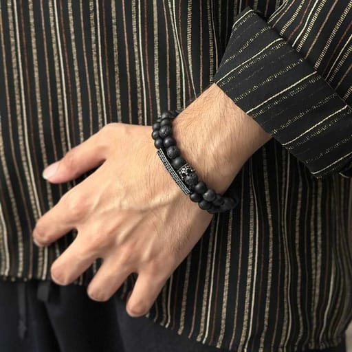 Classic Crown Rectangle Beads Bracelet | Matte Lava Stone
