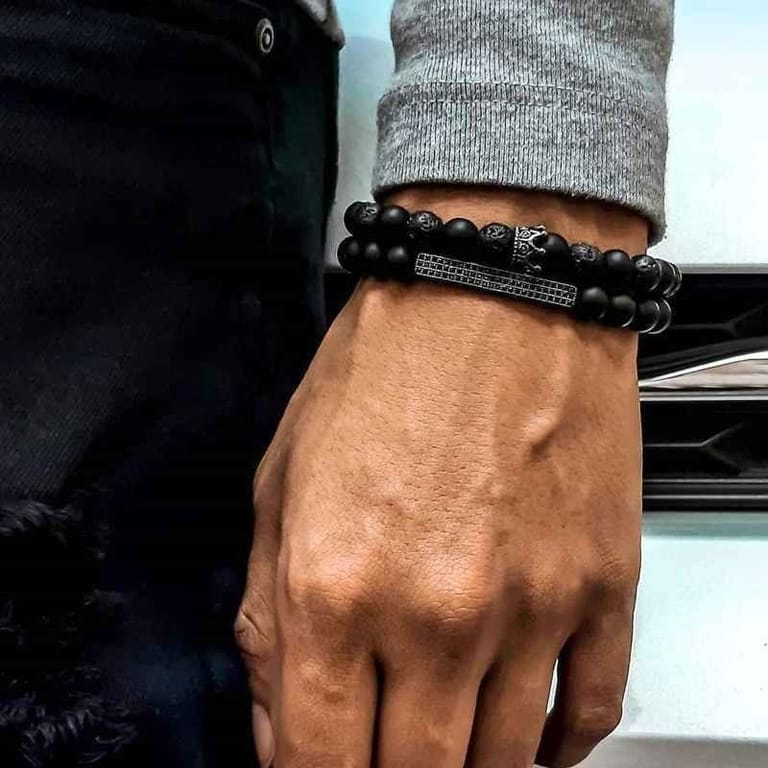 Classic Crown Rectangle Beads Bracelet | Matte Lava Stone - Image 2