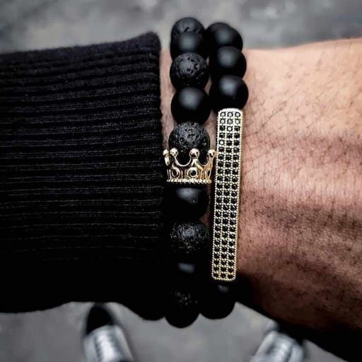 Classic Crown Rectangle Beads Bracelet | Matte Lava Stone