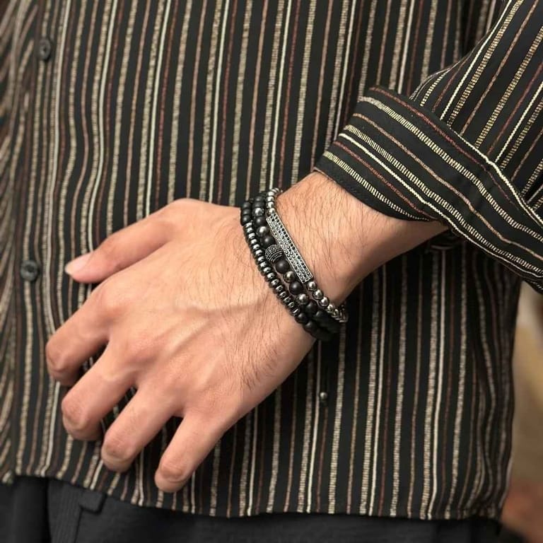 3-in-1 Handmade Adjustable Black Matte Bead Bracelet Set