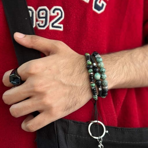 Men’s Black Onyx and Green Turquoise Macrame Bracelet Set