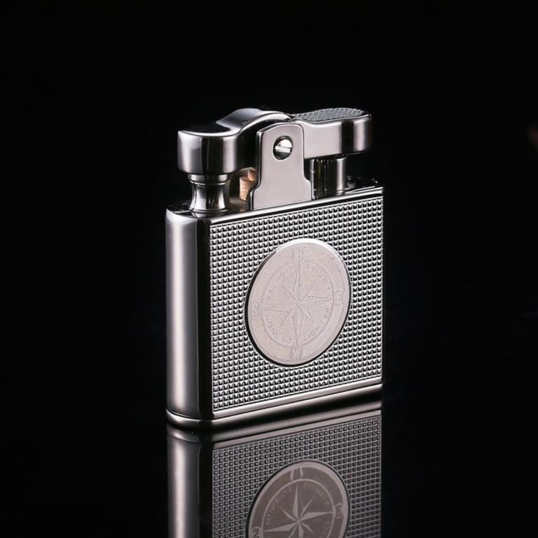 Compass Design Silver Metal Refillable Oil Lighter - Image 1