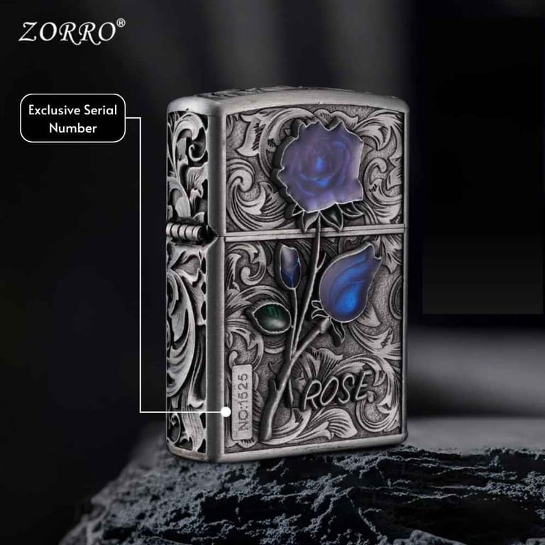 ZORRO Rose Engraved Refillable Oil Lighter - Image 1