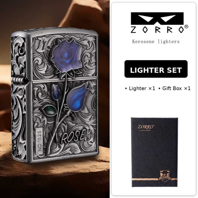 ZORRO Rose Engraved Refillable Oil Lighter - Image 3