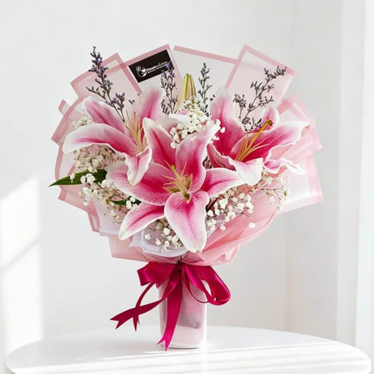 3 Lilies Bouquet with Baby Breath - Harvest Bounty - FA25381