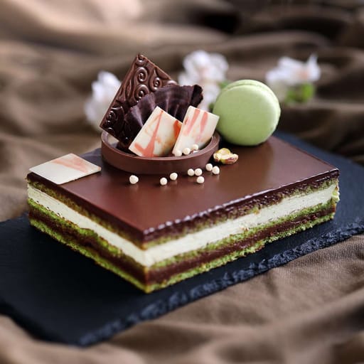 Pistachio Opera Cake (Eggless)