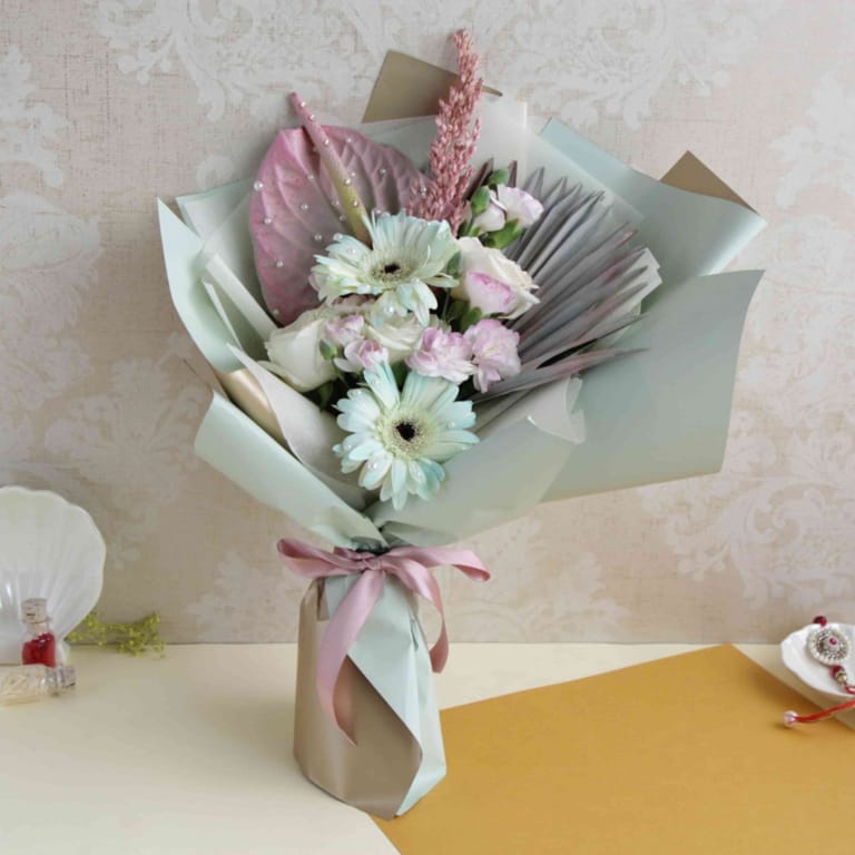 Gerbera, Anthurium, Carnations, Roses Hand Bouquet - Image 1