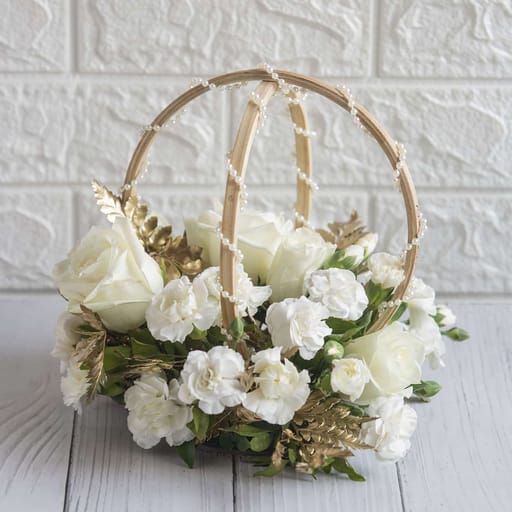 White Carriage With White Roses And White Spray Carnations