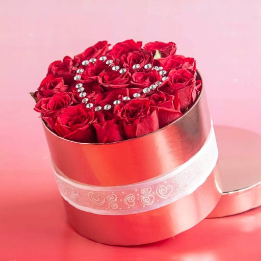 Rose Gold Box Arrangements Of Red Roses &amp; Diamond Heart