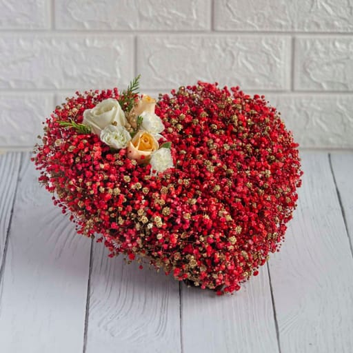Red Heart Shape Arrangements Of Beautiful Baby Breath