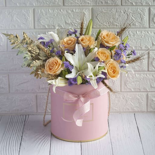 Beautiful box of lilies, purple daises and golden wheat