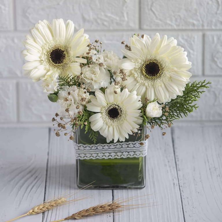 Vase Of White Gerbera's And Carnations - Image 1