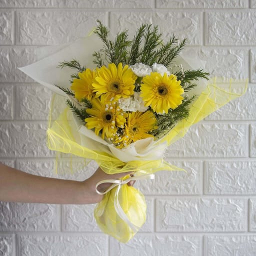 Hand Bouquet Of Yellow Gerberas With White Spray Carnation