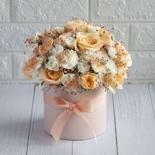Beautiful Box Of Spray Carnations, Peach Roses