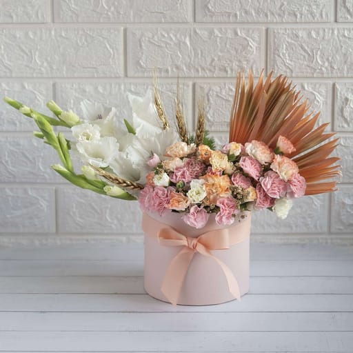 Beautiful Box Of Spray Carnation, Table Palms And Gladiolous