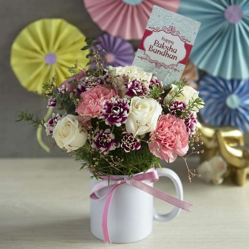 Raksha bandhan mug of carnation, baby breath ,spray cranation