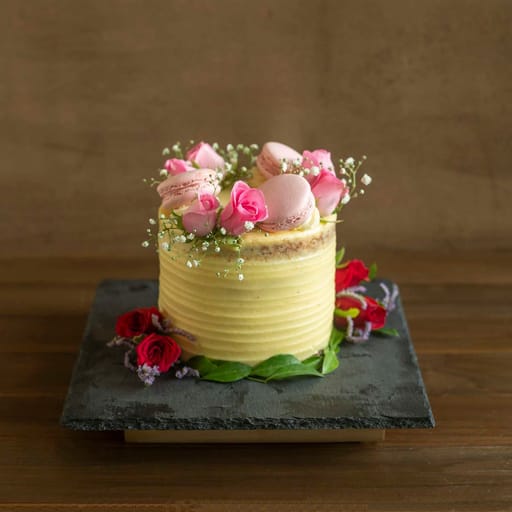 Toffee Caramel With French Vanilla Buttercream Fresh Pink Roses 