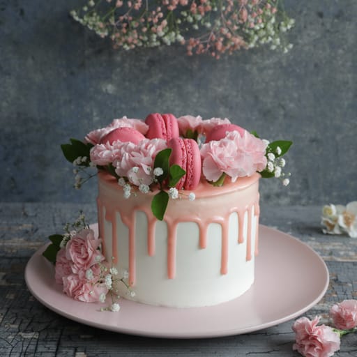 Pink Overloaded Cake With Macaroons (Eggless)