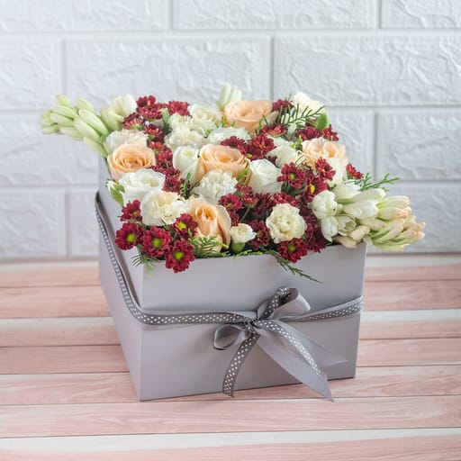 Beautiful Grey Box Of Tube Roses, Spray Carnations, White Roses