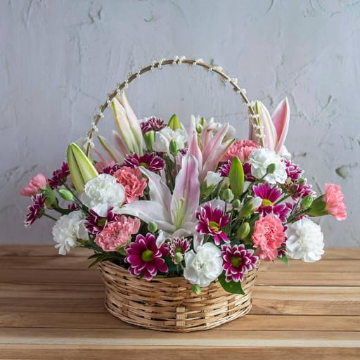 Bamboo Baskets Of Oriental Lilies, Spray Carnation