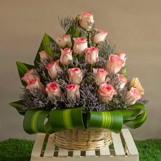 Jumelias with leaves in a basket