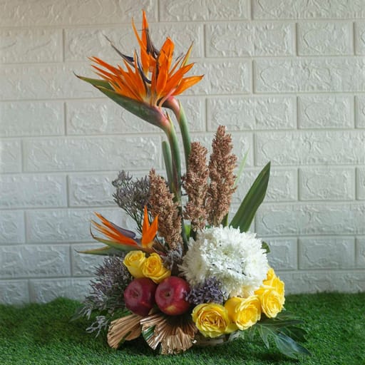 Yellow Roses ,White Chrysanthemums ,Heliconia ,Golden Leaves