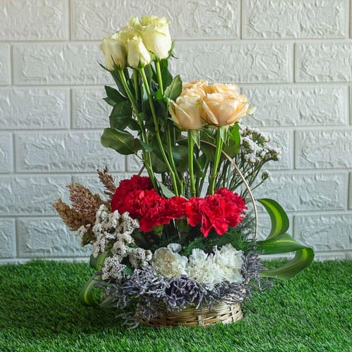 Peach Roses, Red And White Carnations , Dry Sticks