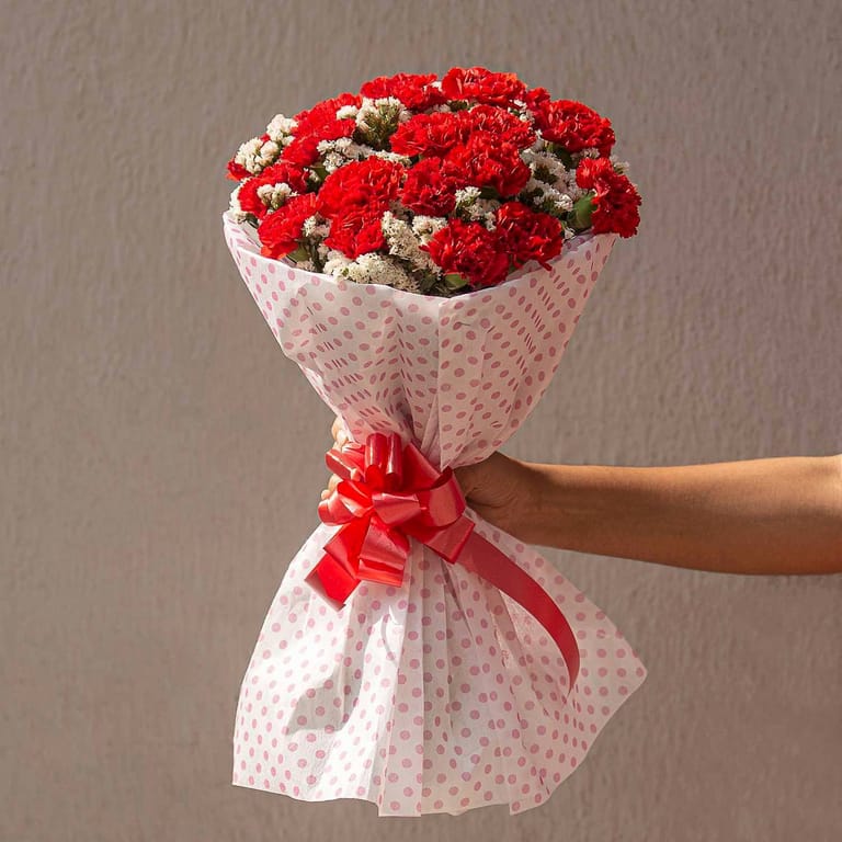 Hand bouquet of 20 red carnation and Statices - Image 1