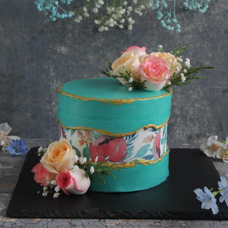 Blue Floral Fault Line Cake 1kg (Eggless) - Image 1