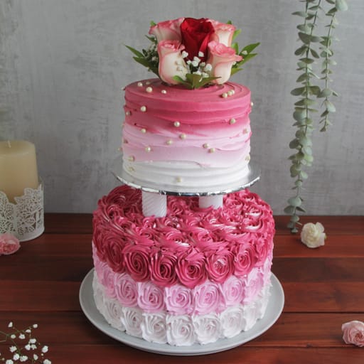 Two Tier Pink Shaded Swirls Cake With Fresh Flowers (Eggless)