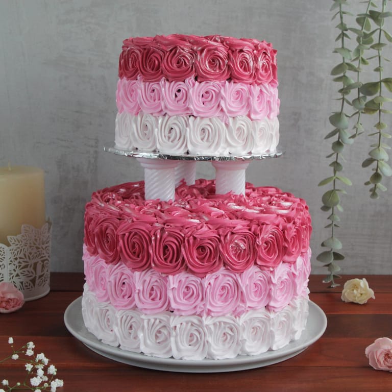 Two Tier Pink Swirls Cake (Eggless) - Image 1