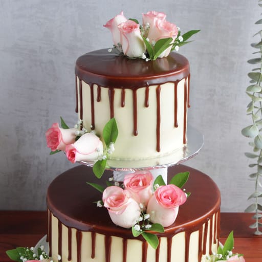 Chocolate Frosting Two Tier Cake With Fresh Flowers (Eggless)