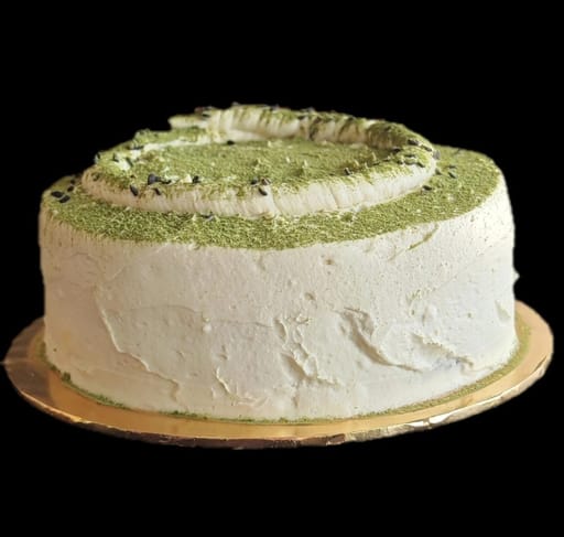 Keto Black Sesame Almonds Cake with Matcha Frosting