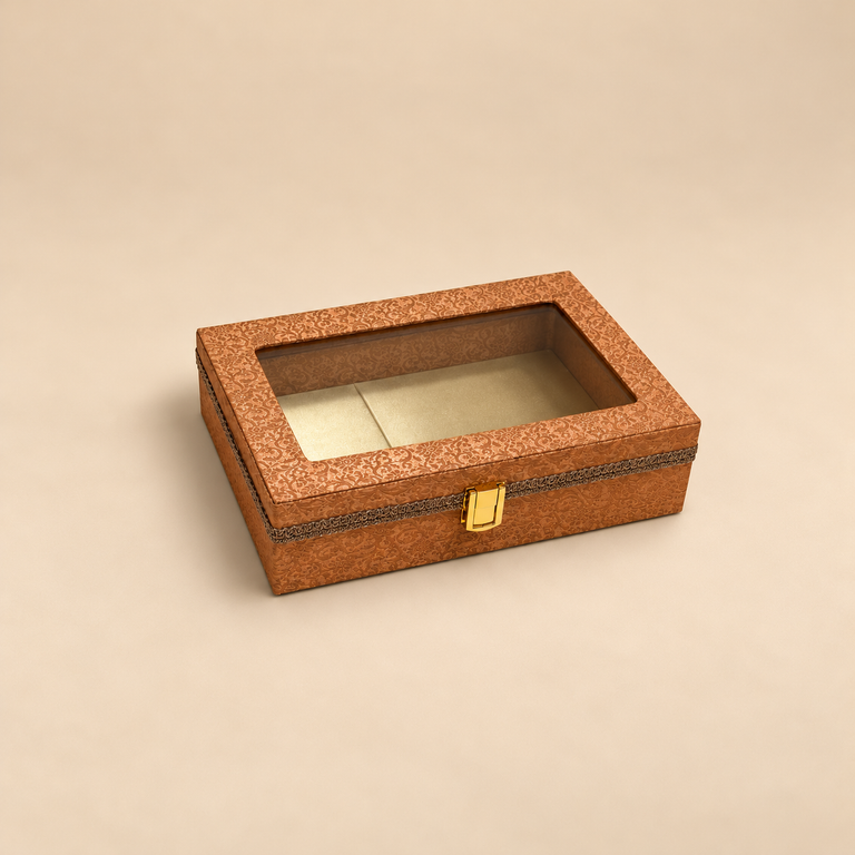 Antique Gold Ornate Rectangular Gift Box with Transparent Lid (Small) - Image 1